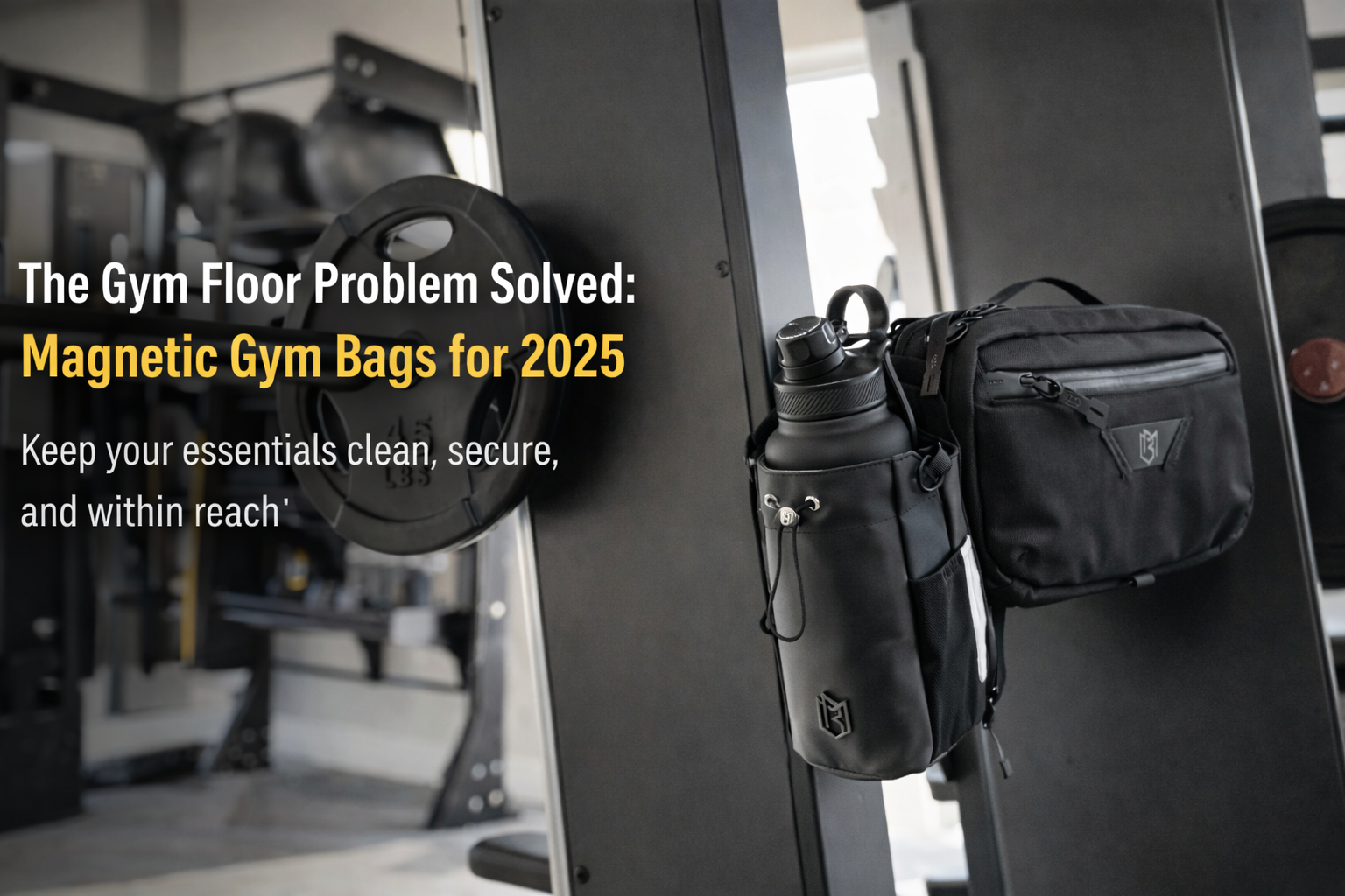 Person using magnetic gym bag attached to weight machine during workout, keeping phone and water bottle accessible and off the floor