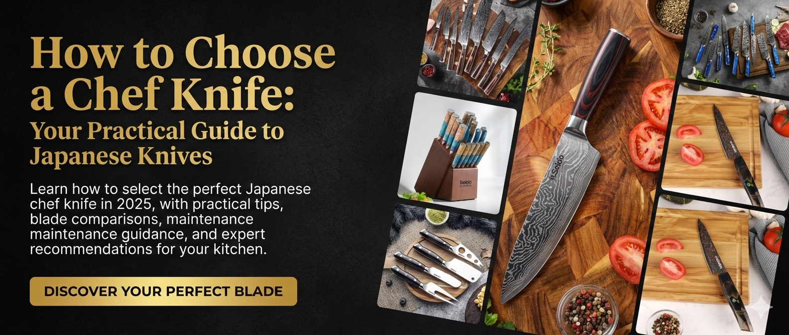 Seido Japanese chef knives on cutting board with fresh vegetables ?>