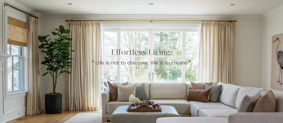 Custom curtains installed in a modern living room with eco-friendly fabric