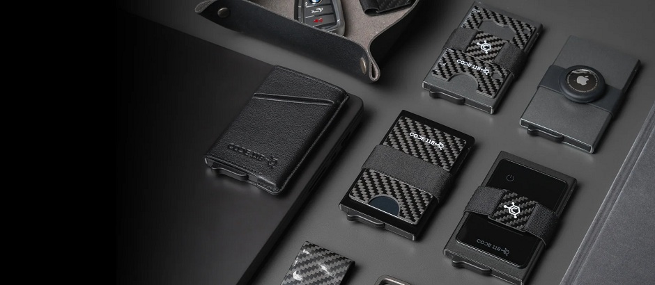 Slim RFID carbon fiber wallet with Apple AirTag and tracker compatibility by CODE 118