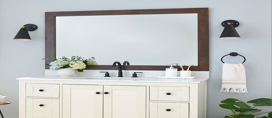 Custom mirror frame in a modern bathroom with MirrorMate kit